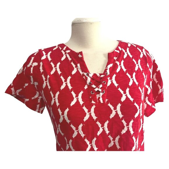 Chico's Red & White Geometric Blouse Lace Neck Sz 1 (Medium 8/10) Womens Short S - Picture 6 of 9